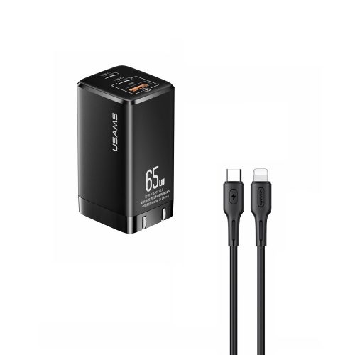 Зарядно USAMS 220V Type C to Lightning 2x Type C 1 USB PD FCH 65W черен 10