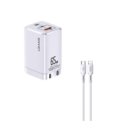 Зарядно USAMS 220V Type C to Lightning 2x Type C 1 USB PD FCH 65W бял 10